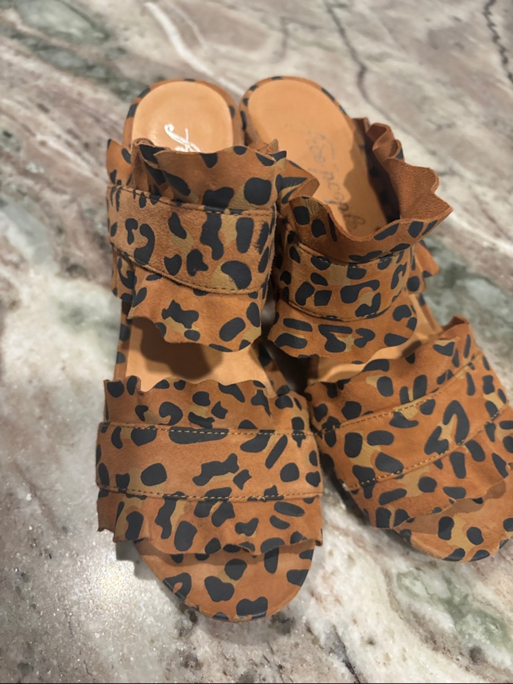 Free People Tan Leopard Ruffle Slide Sandals